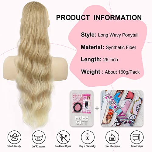 Ponytail Extension, 26 Inch Long Wavy Drawstring Ponytail for Women Dark Brown Pony Tail Hair Extension Synthetic Hairpiece for Daily Use