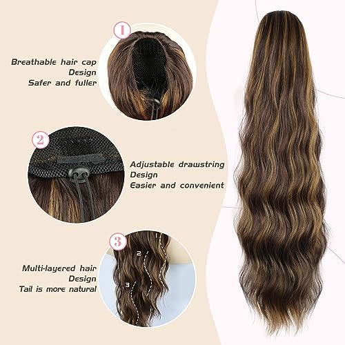 Ponytail Extension, 26 Inch Long Wavy Drawstring Ponytail for Women Dark Brown Pony Tail Hair Extension Synthetic Hairpiece for Daily Use