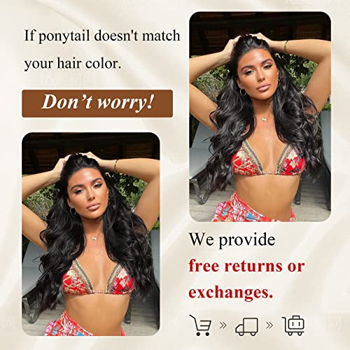 Ponytail Extension, 26 Inch Long Wavy Drawstring Ponytail for Women Dark Brown Pony Tail Hair Extension Synthetic Hairpiece for Daily Use