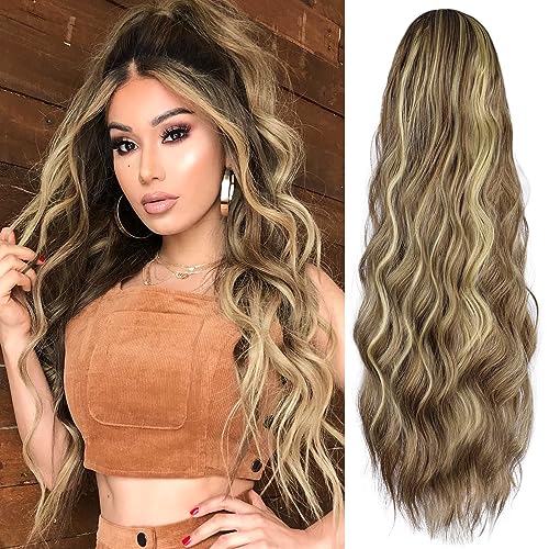 Ponytail Extension, 26 Inch Long Wavy Drawstring Ponytail for Women Dark Brown Pony Tail Hair Extension Synthetic Hairpiece for Daily Use
