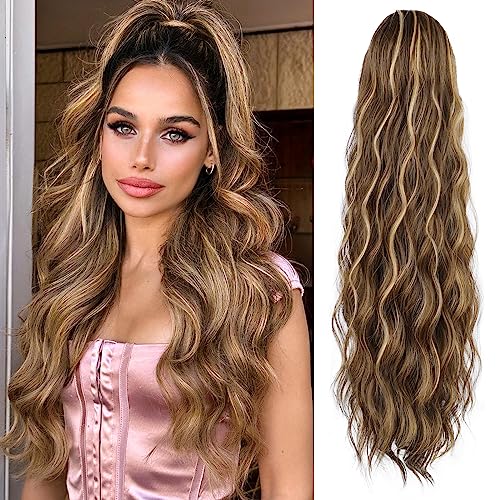 Ponytail Extension, 26 Inch Long Wavy Drawstring Ponytail for Women Dark Brown Pony Tail Hair Extension Synthetic Hairpiece for Daily Use