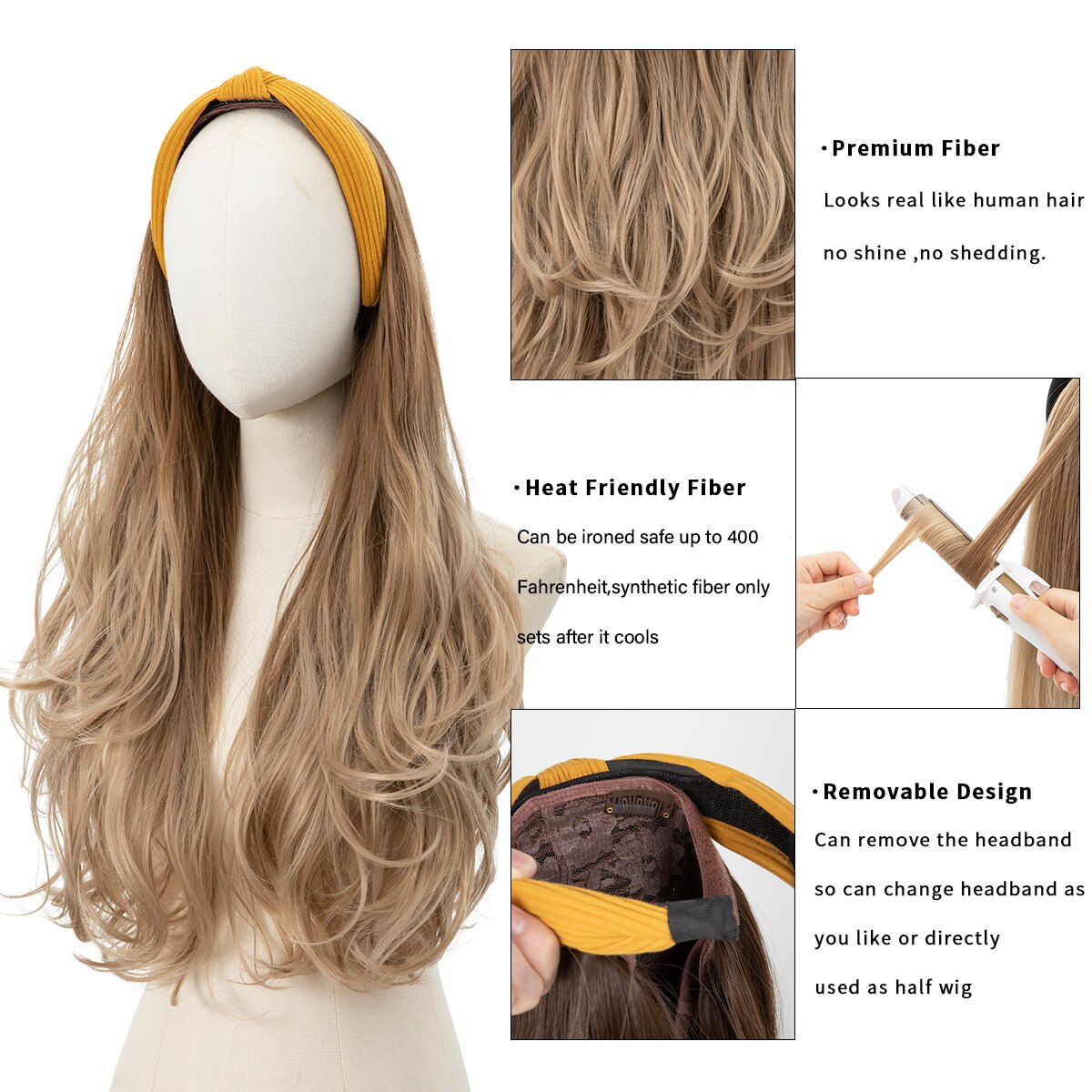 Long Wavy Headband Wig Half Hair Wig for Women