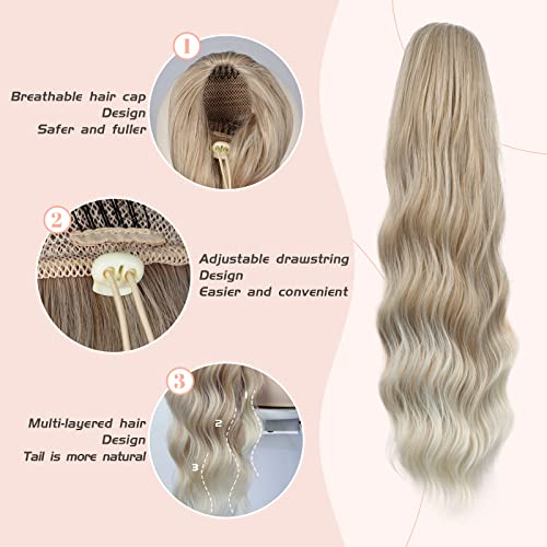 Ponytail Extension, 26 Inch Long Wavy Drawstring Ponytail for Women Dark Brown Pony Tail Hair Extension Synthetic Hairpiece for Daily Use