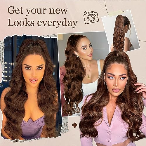 Ponytail Extension, 26 Inch Long Wavy Drawstring Ponytail for Women Dark Brown Pony Tail Hair Extension Synthetic Hairpiece for Daily Use