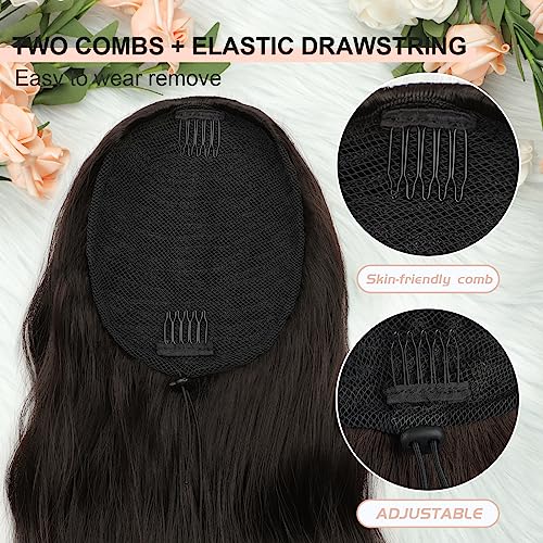Ponytail Extension, 26 Inch Long Wavy Drawstring Ponytail for Women Dark Brown Pony Tail Hair Extension Synthetic Hairpiece for Daily Use