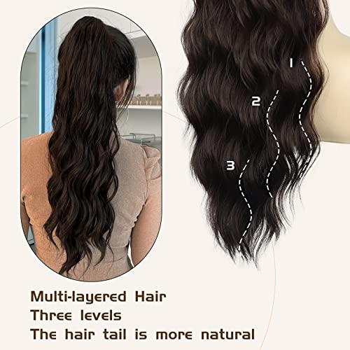 Ponytail Extension, 26 Inch Long Wavy Drawstring Ponytail for Women Dark Brown Pony Tail Hair Extension Synthetic Hairpiece for Daily Use