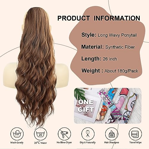 Ponytail Extension, 26 Inch Long Wavy Drawstring Ponytail for Women Dark Brown Pony Tail Hair Extension Synthetic Hairpiece for Daily Use