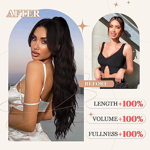 Ponytail Extension, 26 Inch Long Wavy Drawstring Ponytail for Women Dark Brown Pony Tail Hair Extension Synthetic Hairpiece for Daily Use