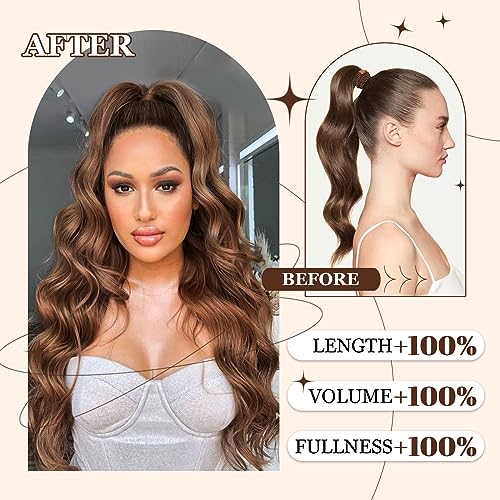 Ponytail Extension, 26 Inch Long Wavy Drawstring Ponytail for Women Dark Brown Pony Tail Hair Extension Synthetic Hairpiece for Daily Use
