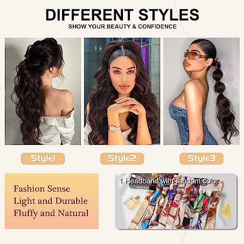 Ponytail Extension, 26 Inch Long Wavy Drawstring Ponytail for Women Dark Brown Pony Tail Hair Extension Synthetic Hairpiece for Daily Use