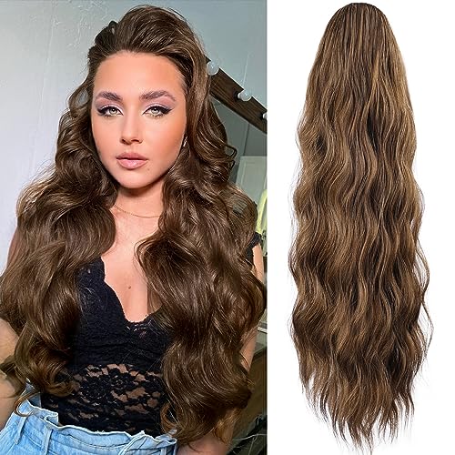 Ponytail Extension, 26 Inch Long Wavy Drawstring Ponytail for Women Dark Brown Pony Tail Hair Extension Synthetic Hairpiece for Daily Use