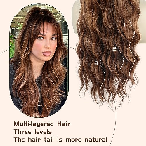 Ponytail Extension, 26 Inch Long Wavy Drawstring Ponytail for Women Dark Brown Pony Tail Hair Extension Synthetic Hairpiece for Daily Use