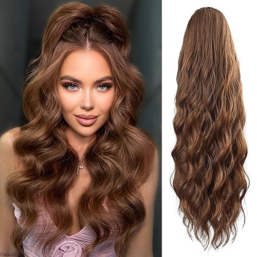 Ponytail Extension, 26 Inch Long Wavy Drawstring Ponytail for Women Dark Brown Pony Tail Hair Extension Synthetic Hairpiece for Daily Use