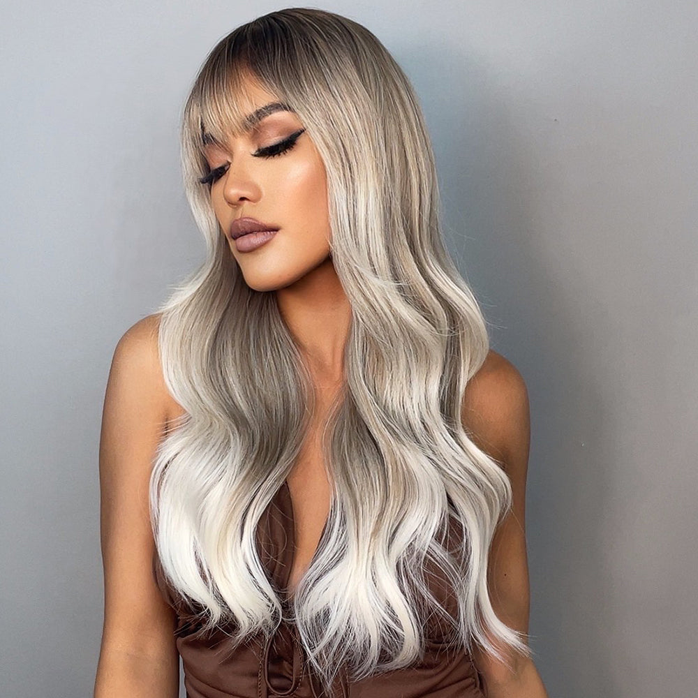 26 Inches Long Grey Wig With Bangs for Women