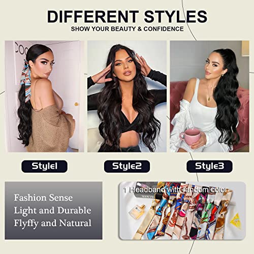 Ponytail Extension, 26 Inch Long Wavy Drawstring Ponytail for Women Dark Brown Pony Tail Hair Extension Synthetic Hairpiece for Daily Use