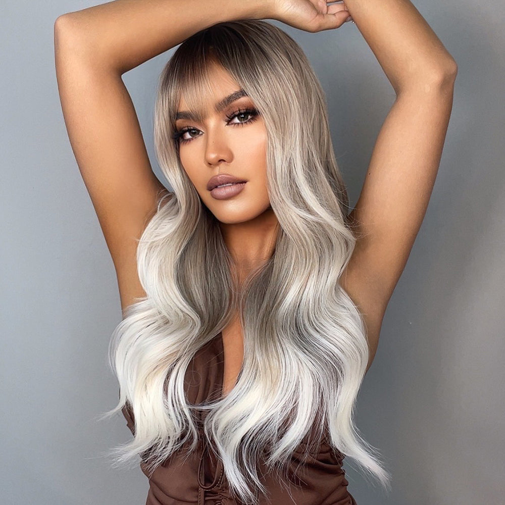 26 Inches Long Grey Wig With Bangs for Women
